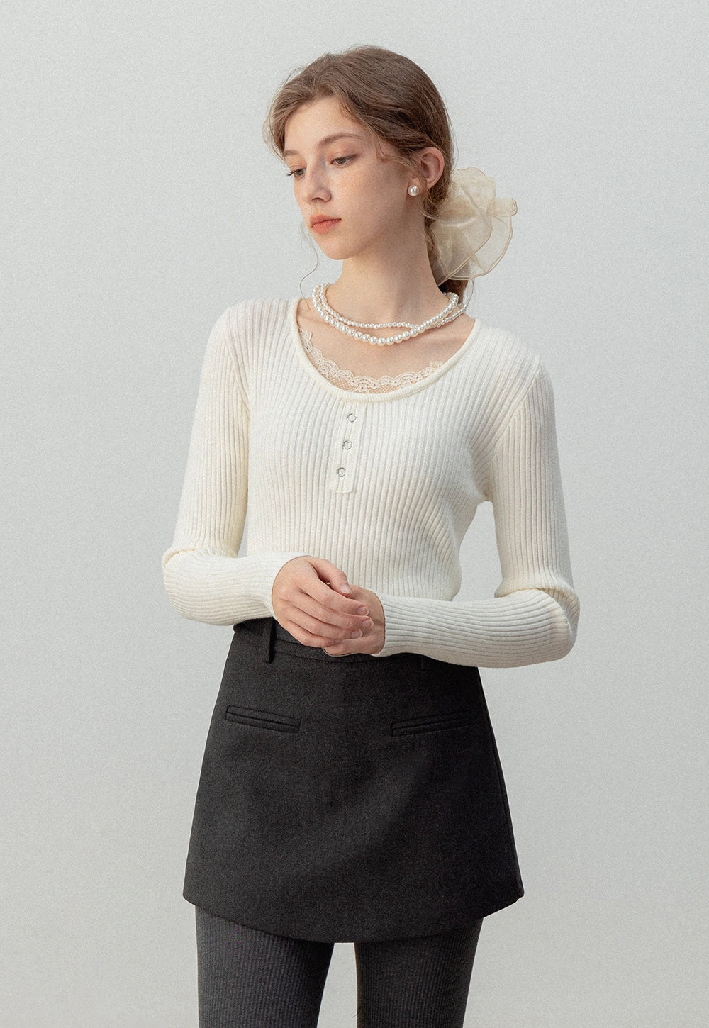 Women's Ribbed Henley Top with Lace Trim