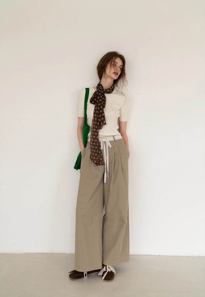 Casual Pleated Wide-Leg Pants with Drawstring Detail