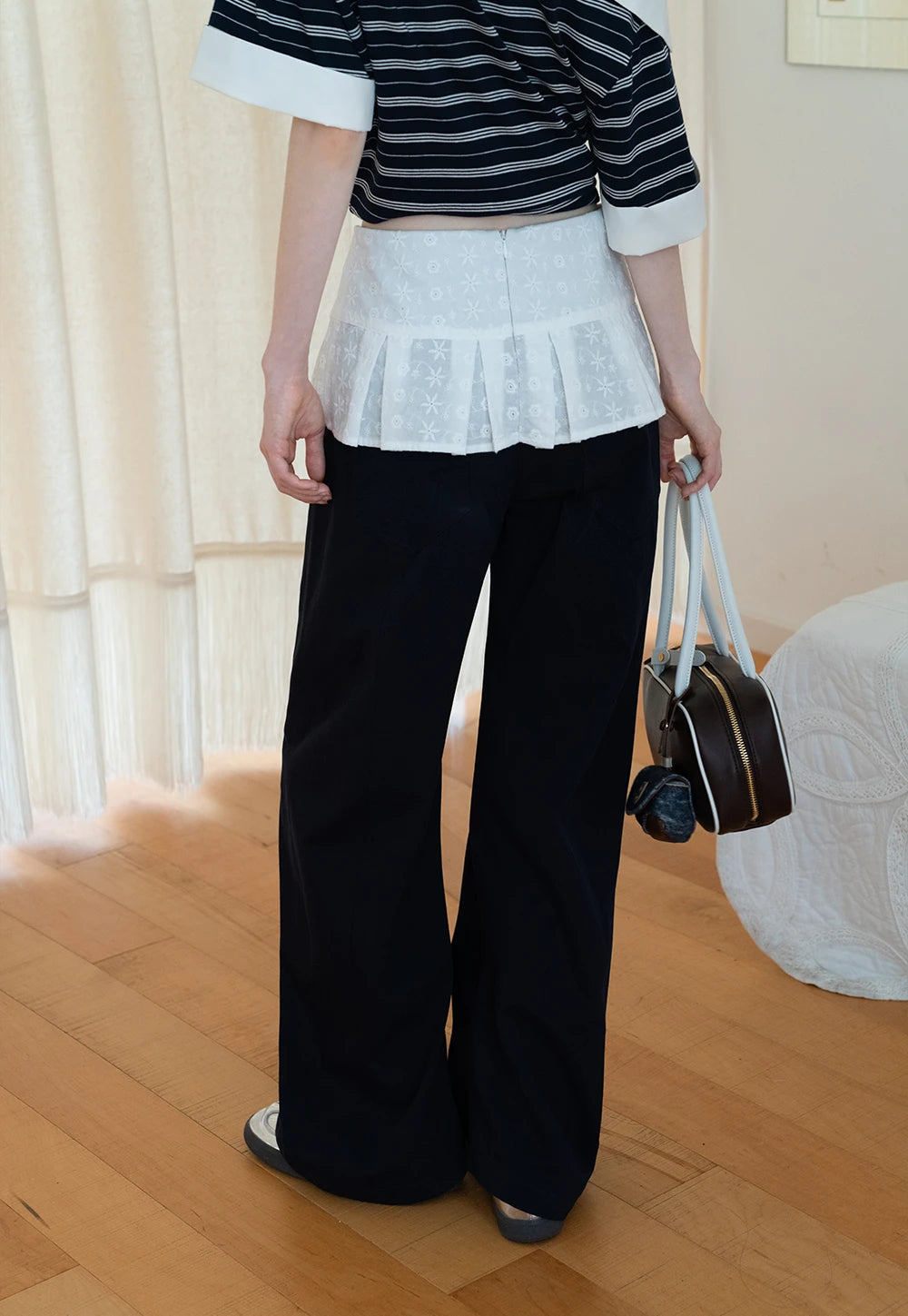 Patchwork Embroidered Pleated Overlay Wide-Leg Pants