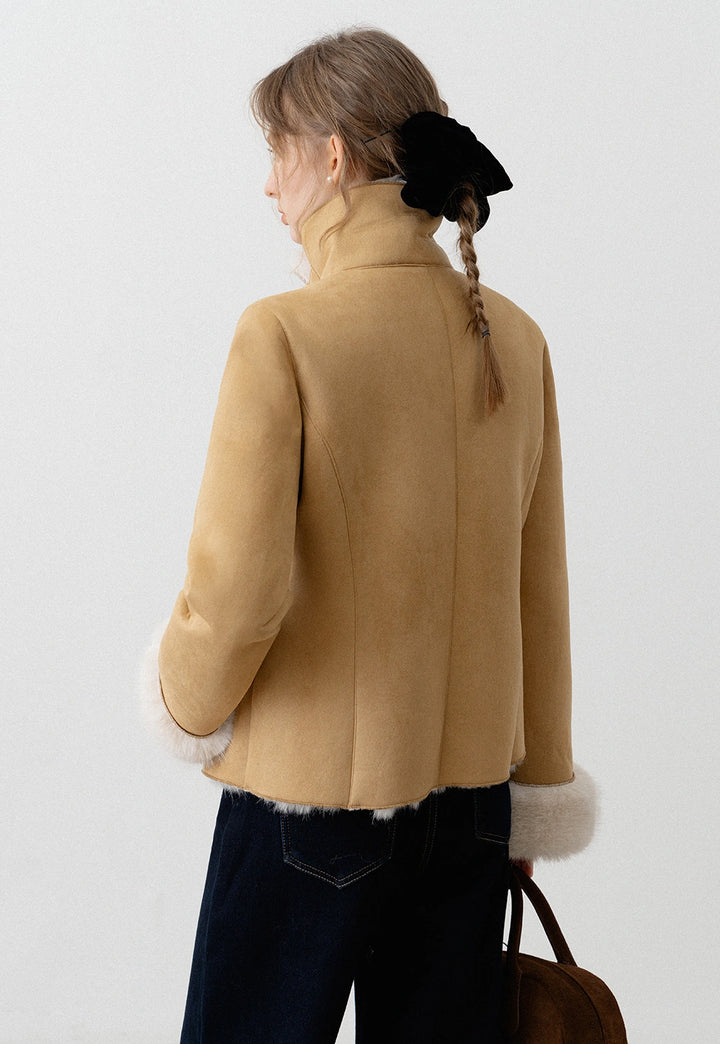 Women's Faux Suede Jacket with Faux Fur Trim