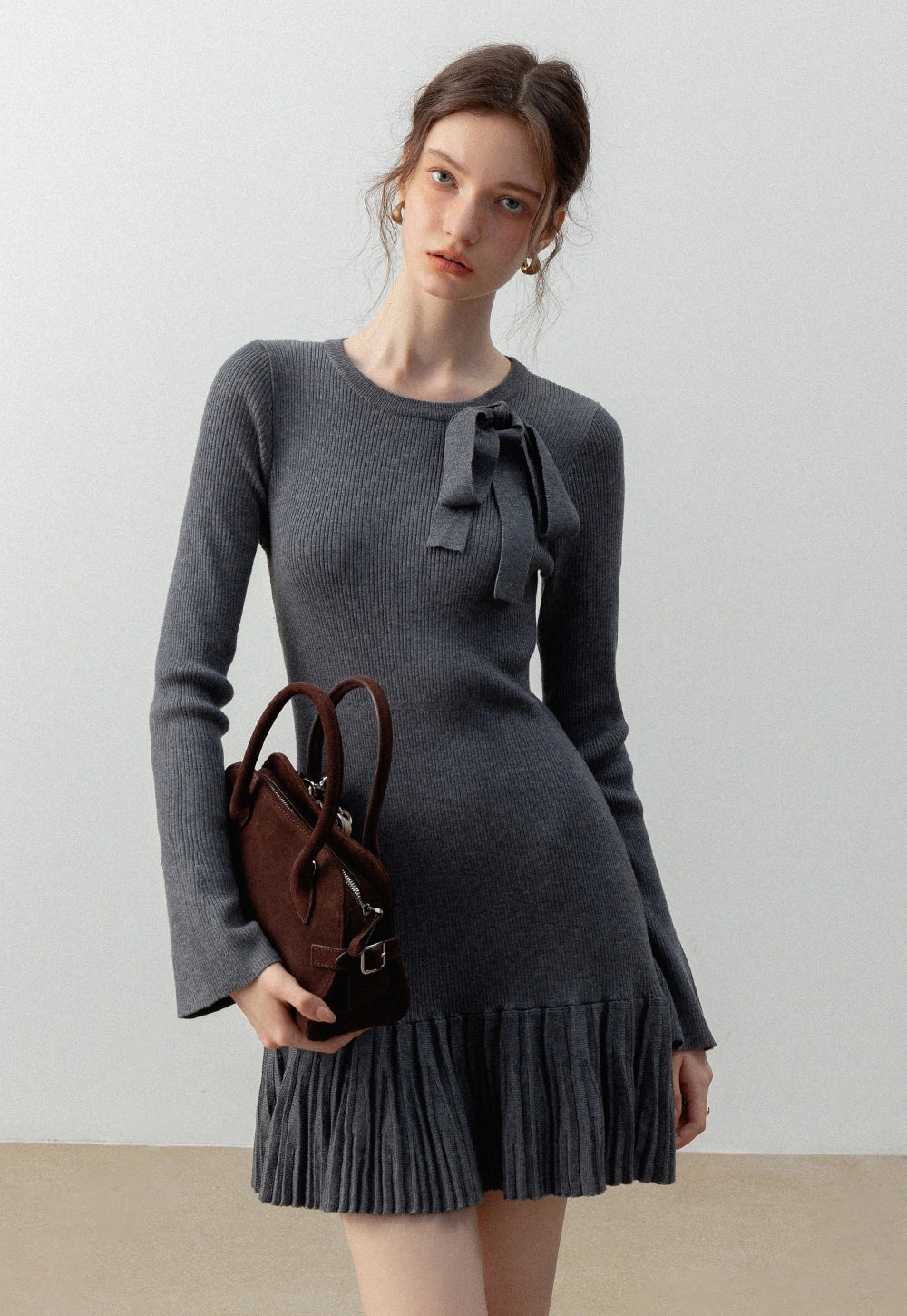 Women's Long Sleeve Bow Detail Ribbed Knit Dress