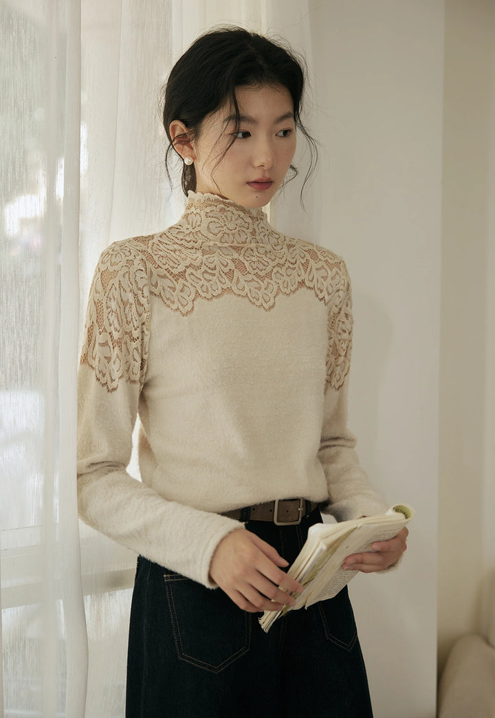 Lace Detail Mock Neck Sweater