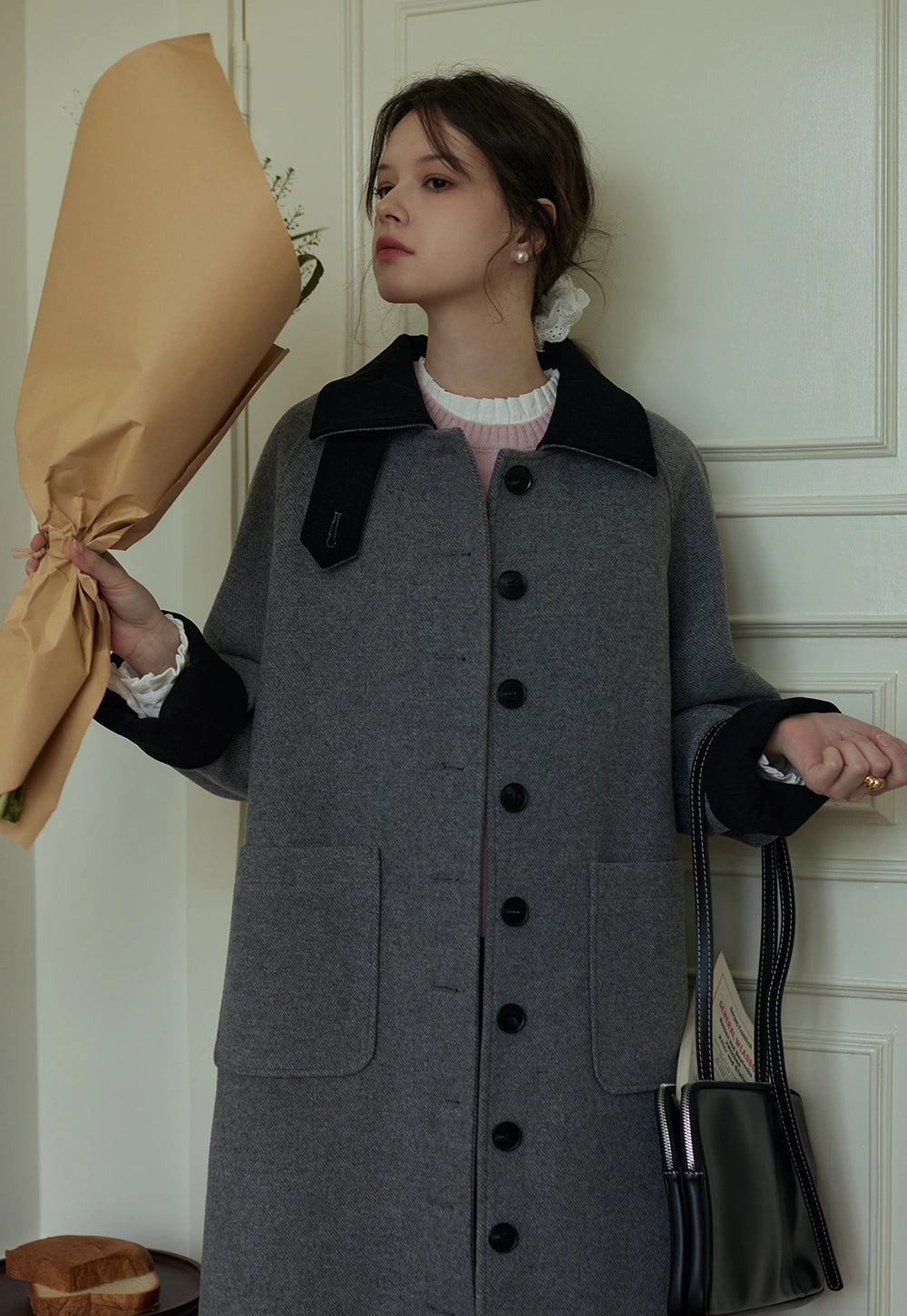 Women's Long Wool Coat with Button Closure