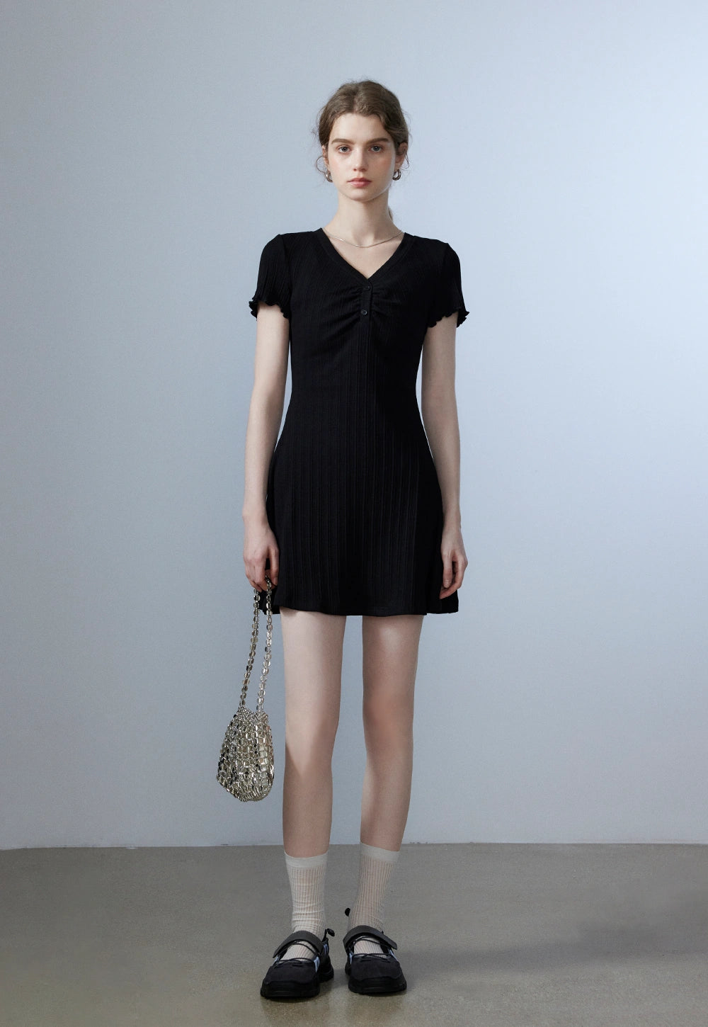 Women's Short-Sleeve Ribbed Dress with Button Detail