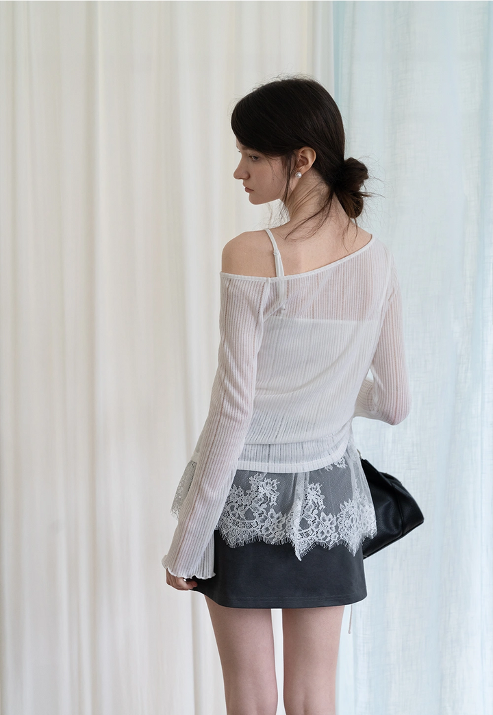 Two-piece Off-Shoulder Ruffle Sleeve Top + Lace-Trim Skirt