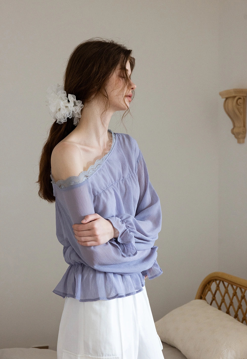 Off-Shoulder Ruffled Blouse with Lace Detail