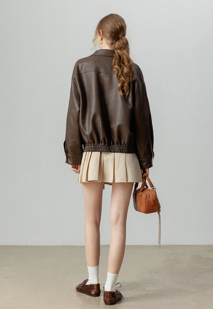 Women's Faux Leather Button-Up Bomber Jacket