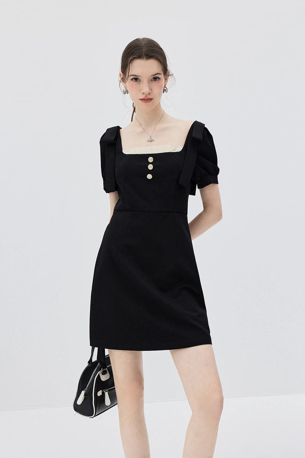 Chic Puff Sleeve Buttoned Square Neck Dress