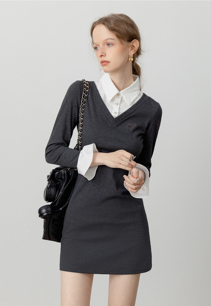 Women's Chic Gray V-Neck Dress with White Collar and Cuffs