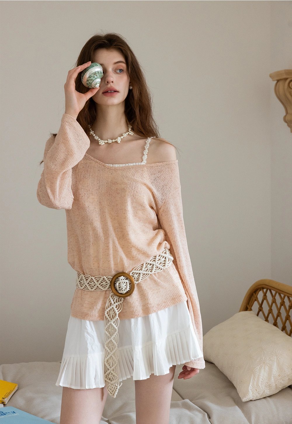 Boho-Inspired Beige Knit Top with Crochet Belt