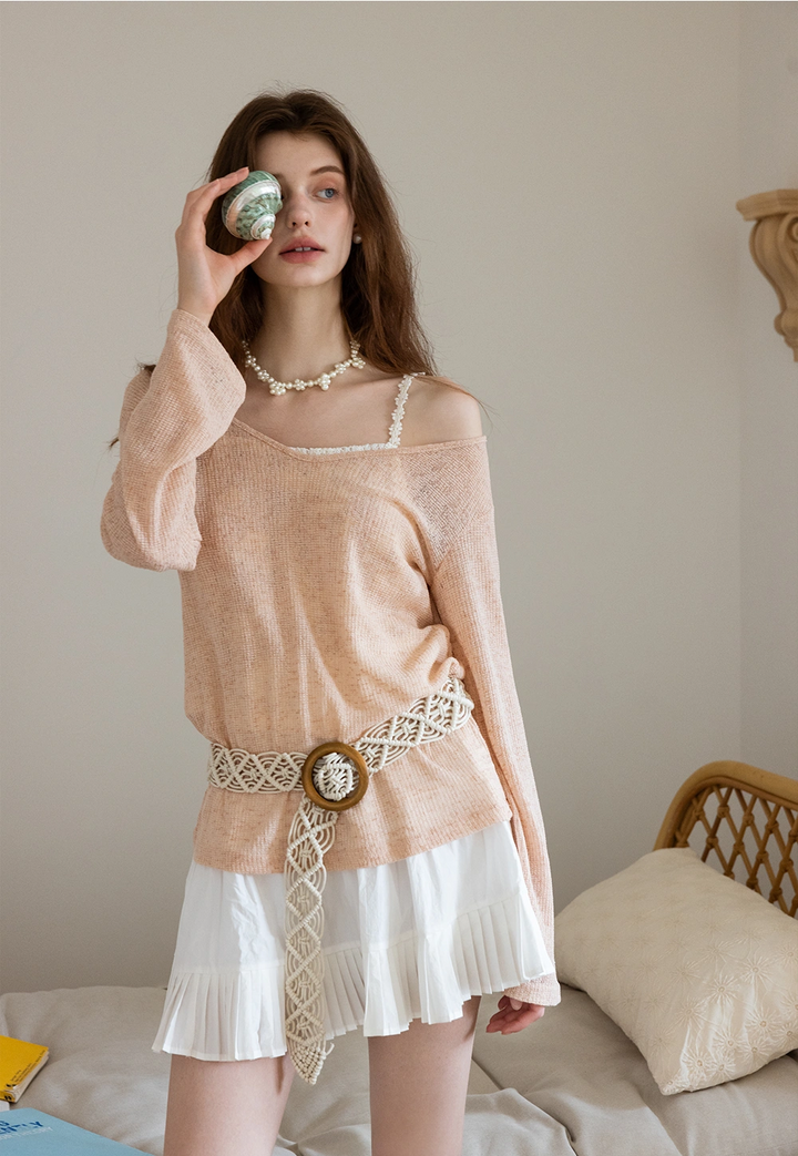 Boho-Inspired Beige Knit Top with Crochet Belt