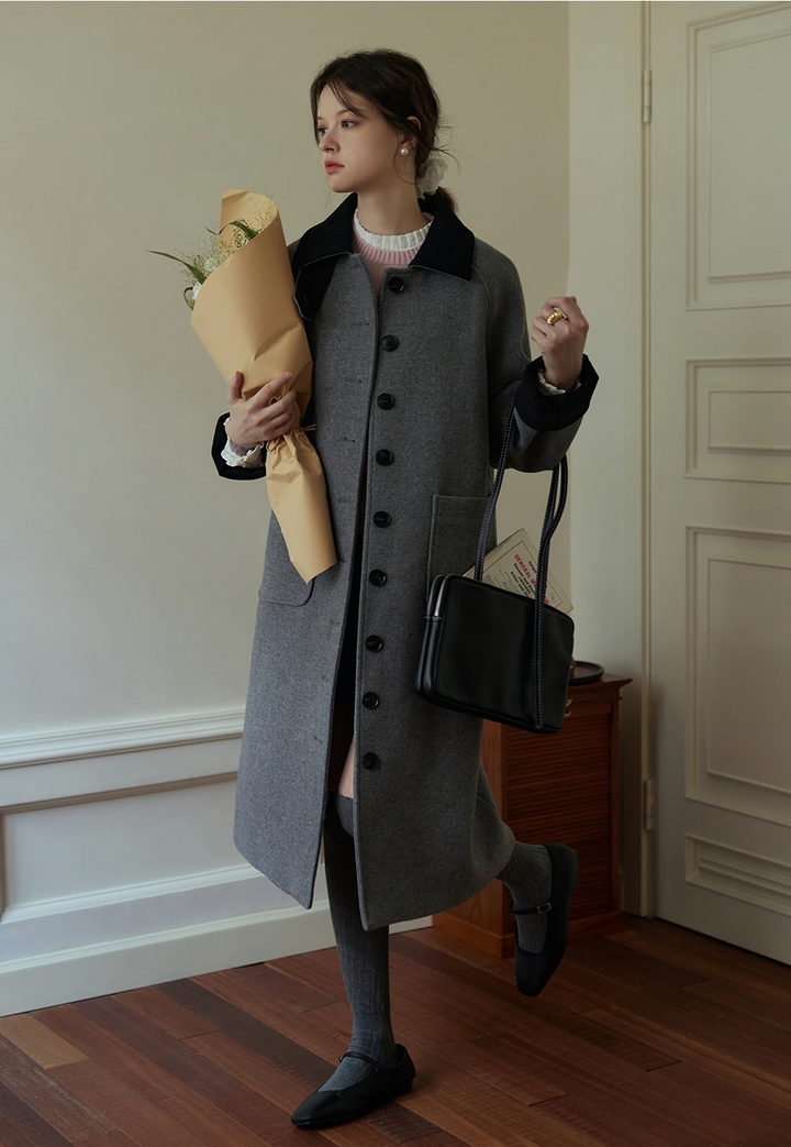 Women's Long Wool Coat with Button Closure