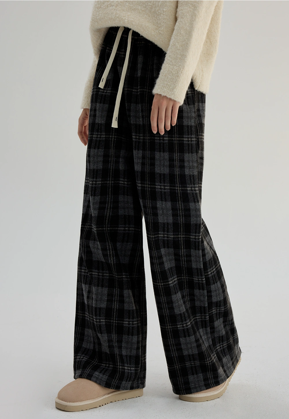 Plaid Wide-Leg Drawstring Pants