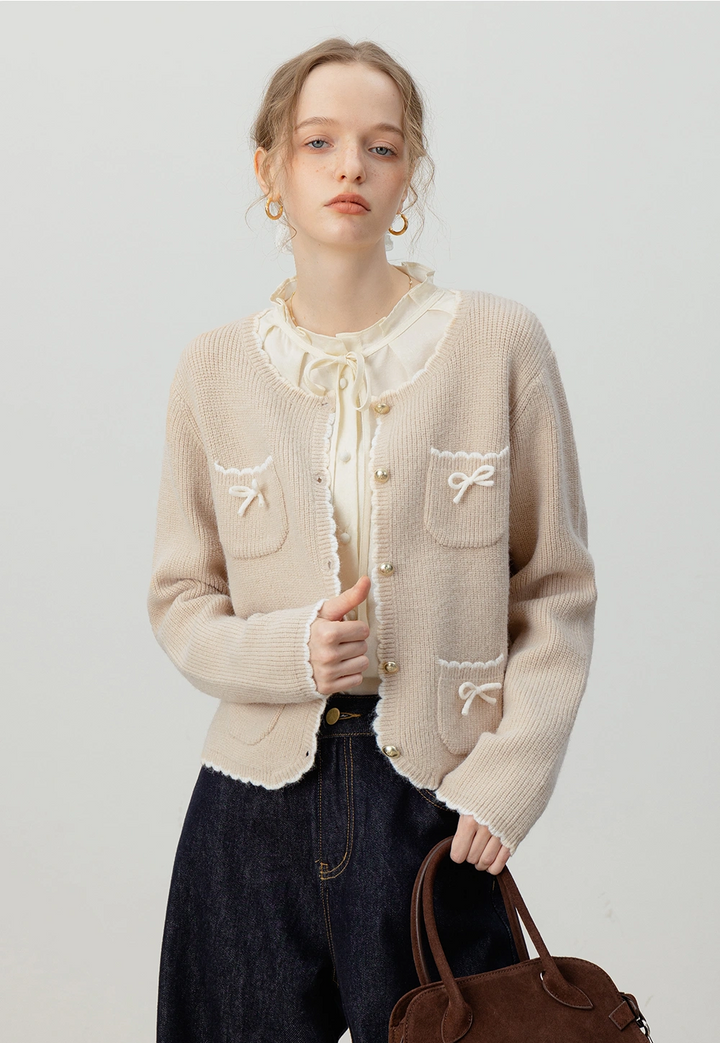 Bow Pocket Trim Knit Cardigan