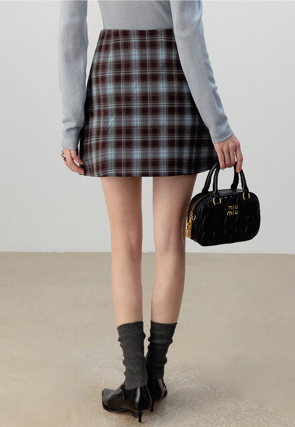 Brown and Blue Plaid Pleated Mini Skirt