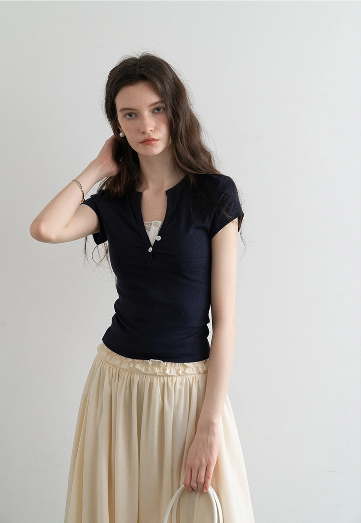 Women's Casual V-Neck Buttoned Short-Sleeve Tee