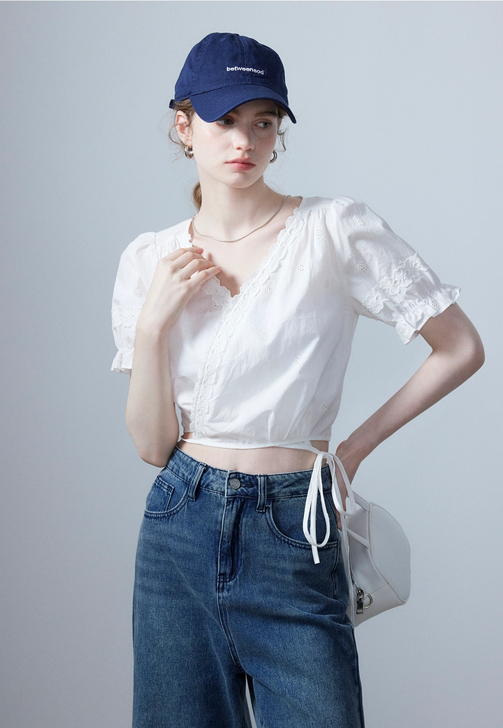 Women's White Eyelet Lace Tie-Front Top