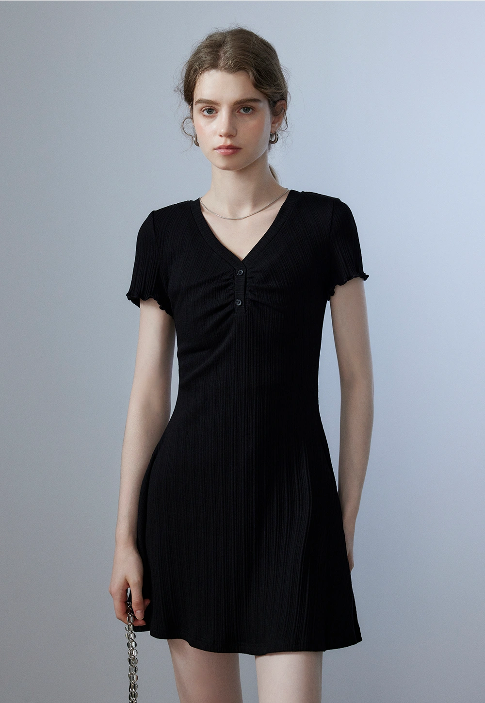 Women's Short-Sleeve Ribbed Dress with Button Detail