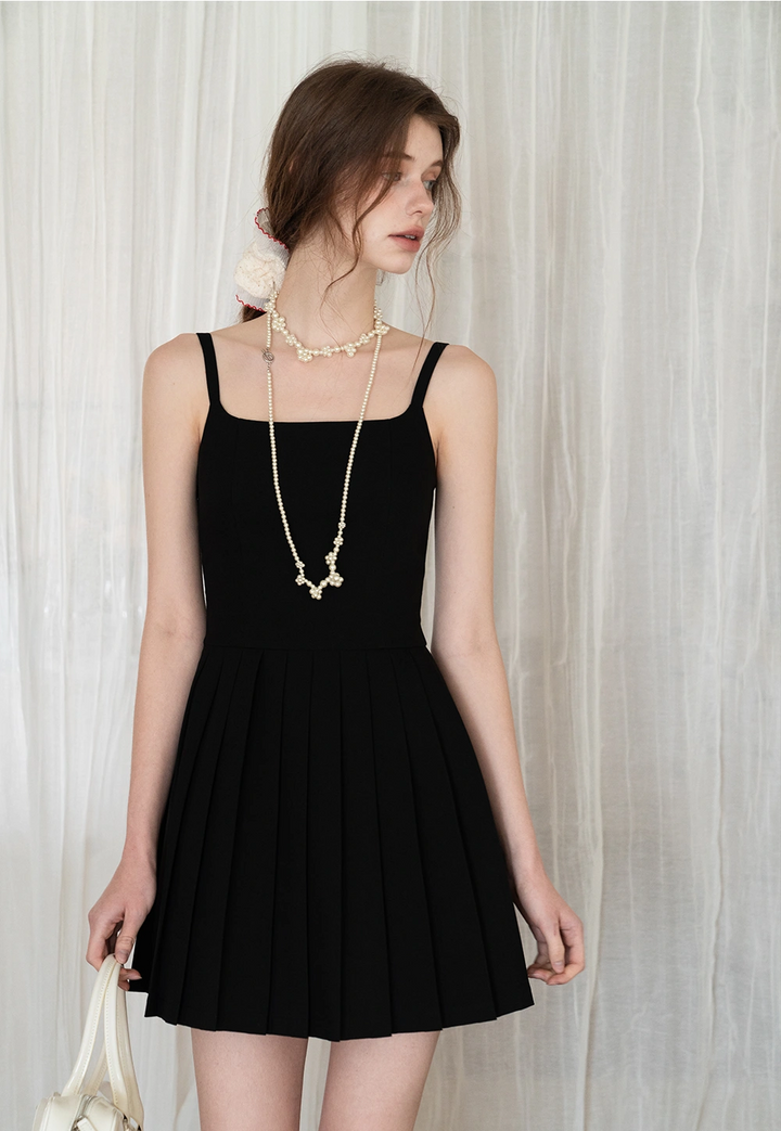 Black Pleated Mini Dress with Adjustable Straps