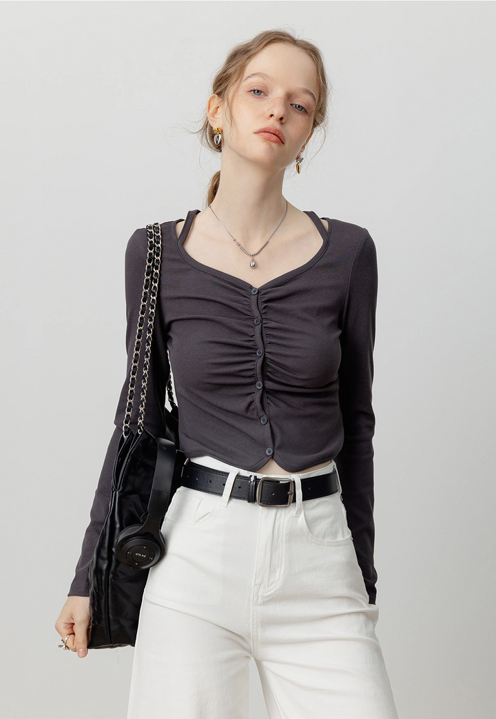 Women's Ruched Button-Up Cropped Knit Long Top