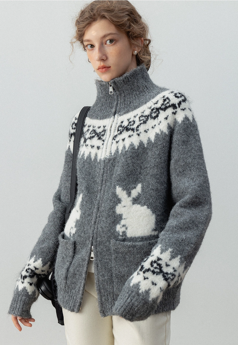 Rabbit Pattern Knit Zip-Up Cardigan