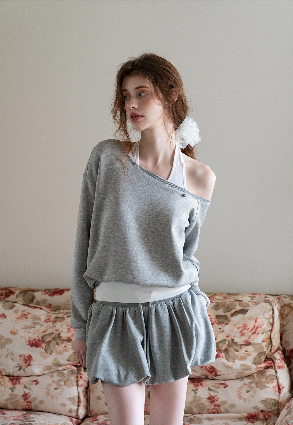 Off-Shoulder Sweatshirt with Built-in Tank Top