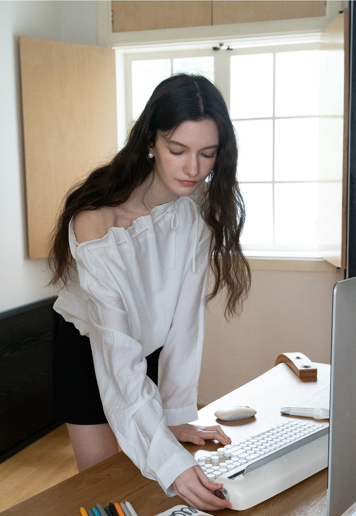 Off-Shoulder Striped Blouse with Tie Detail