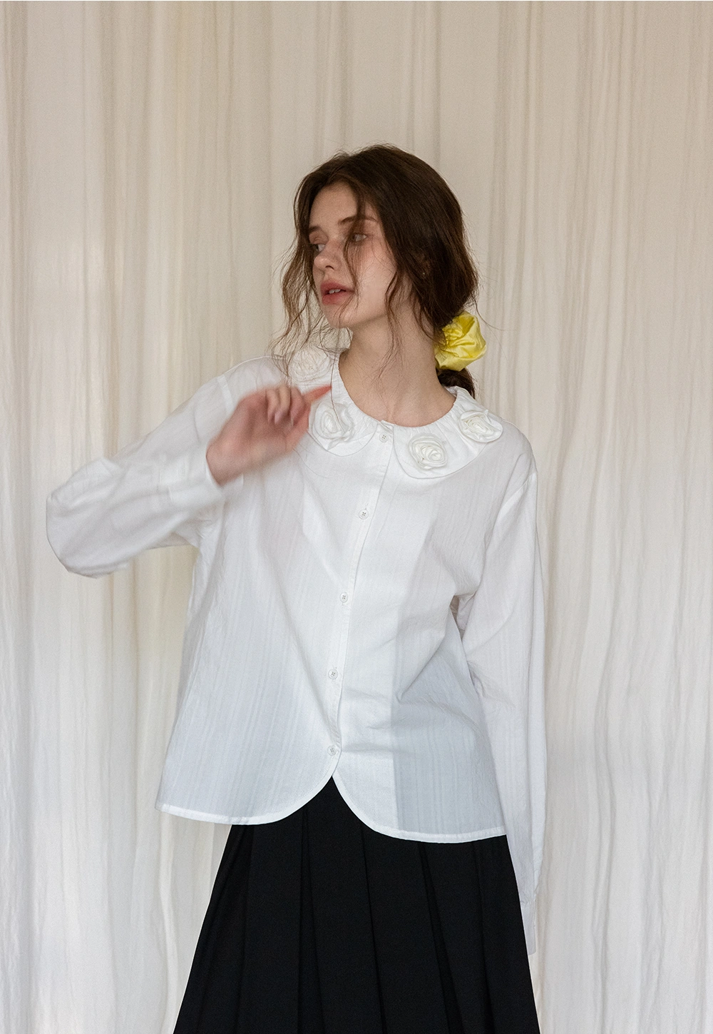 White Button-Up Blouse with Floral Embellished Collar