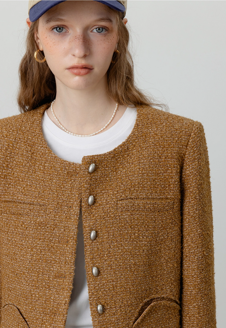 Classic Tweed Button-Up Cropped Jacket