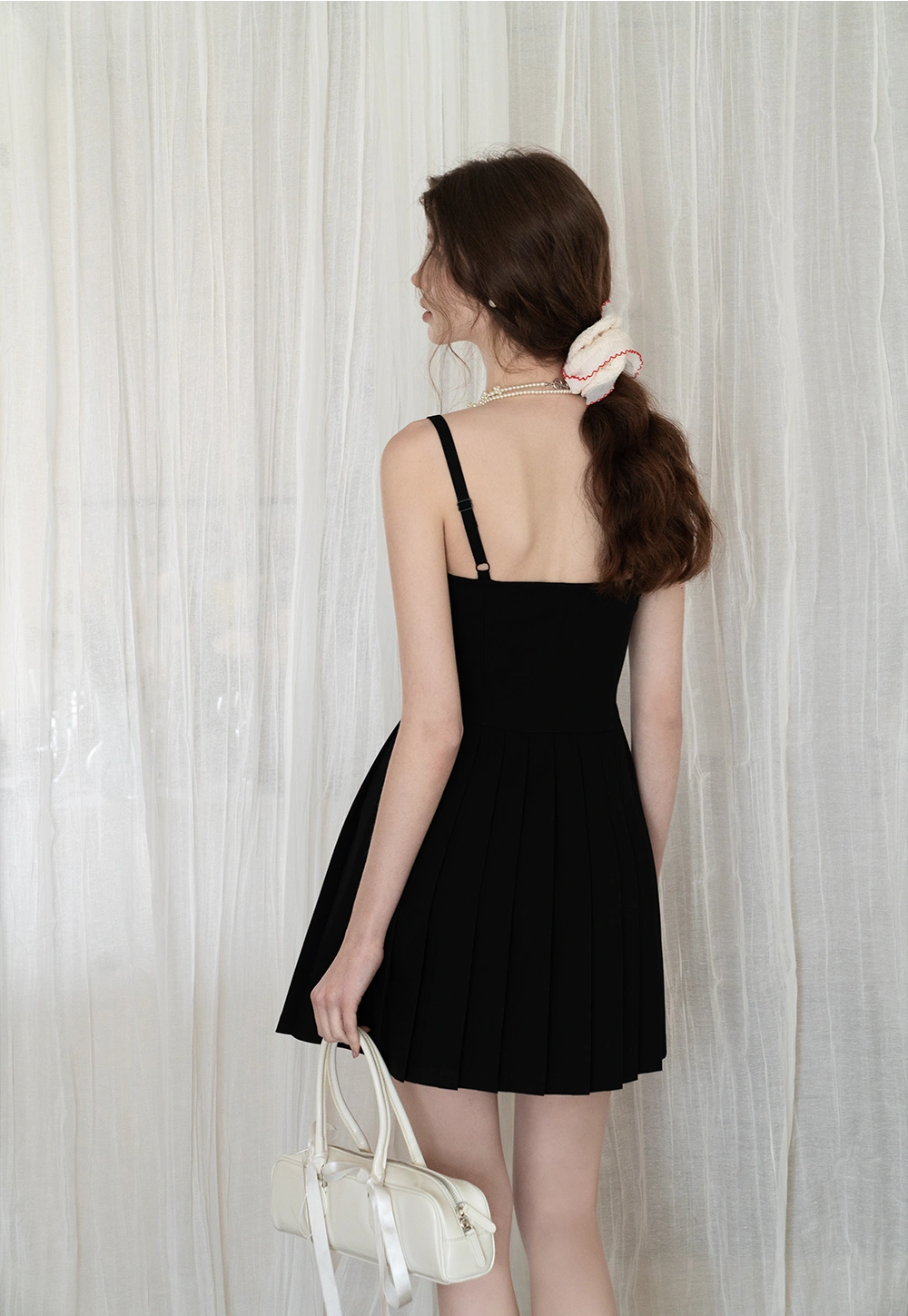 Black Pleated Mini Dress with Adjustable Straps