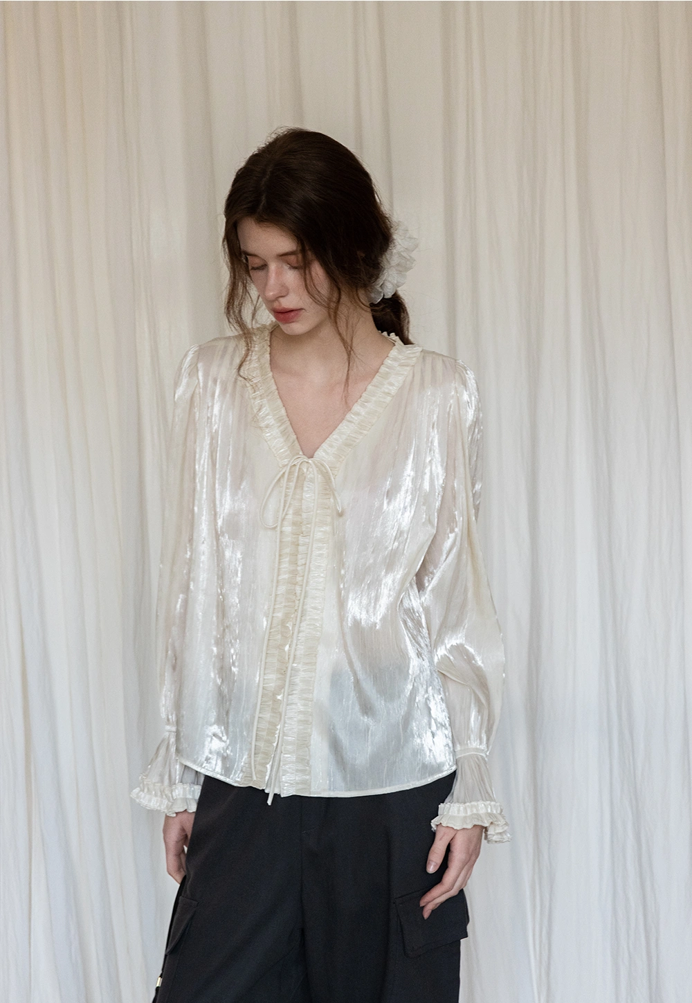 Elegant Ruffled Satin Tie-Front Long Sleeve Blouse