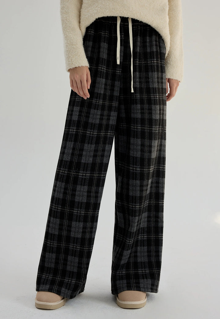 Women's Plaid Drawstring Wide Leg Pants