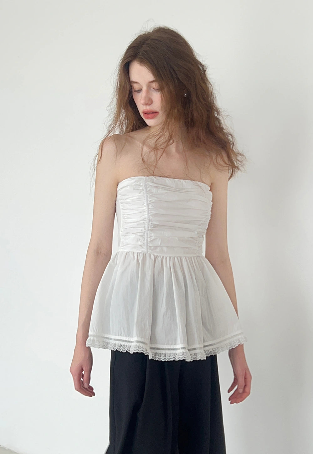 Lace Trim Pleated Hem Bustier Top