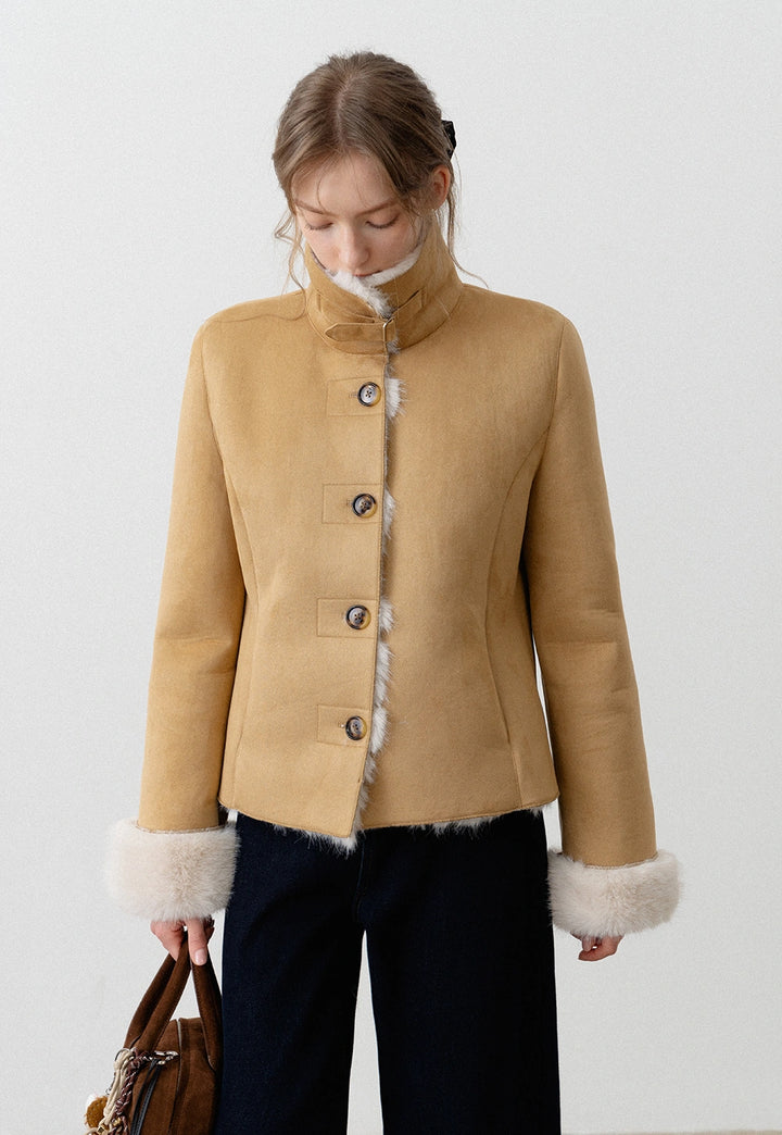 Women's Faux Suede Jacket with Faux Fur Trim