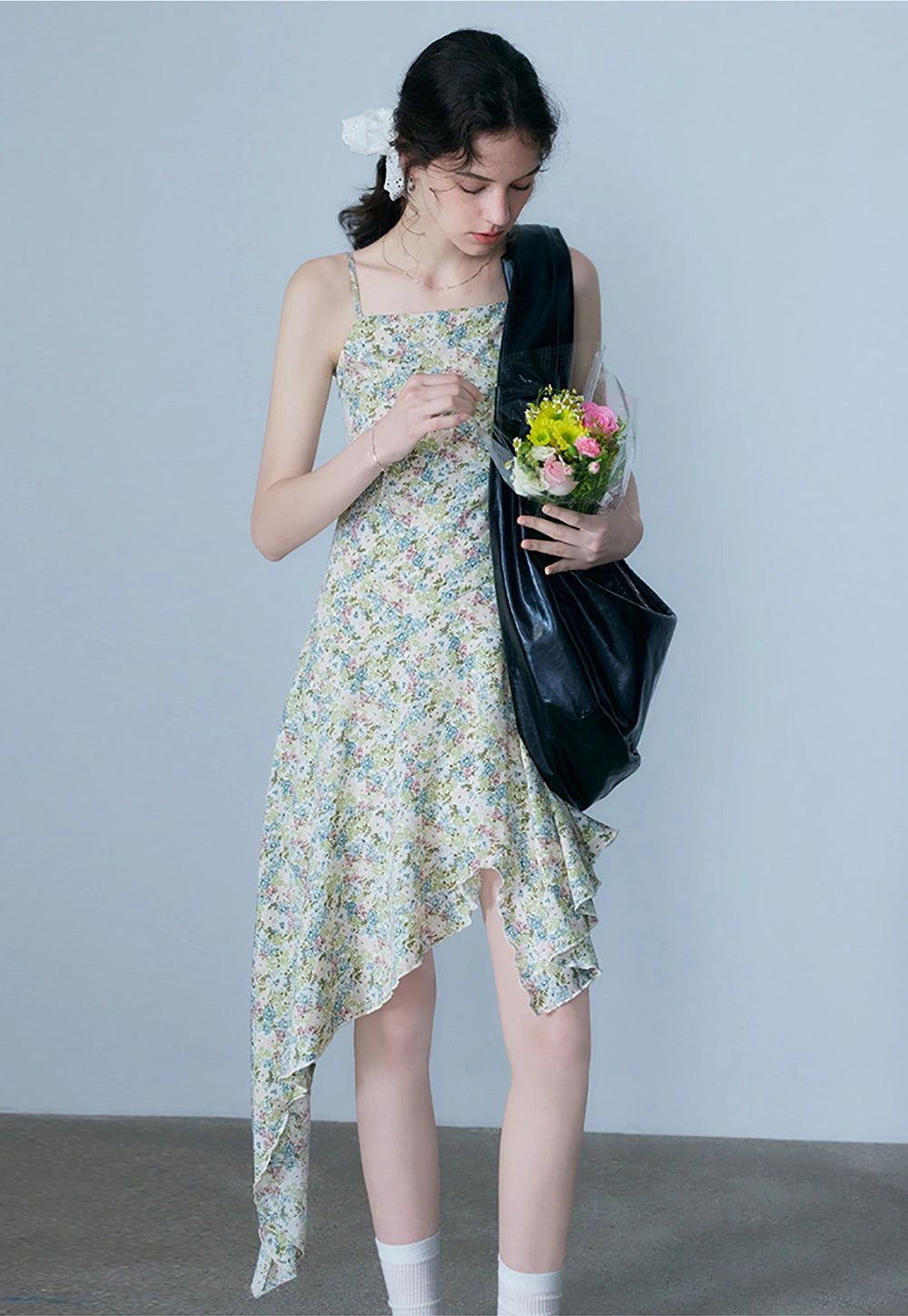 Women's Asymmetrical Hem Floral Print Spaghetti Strap Dress