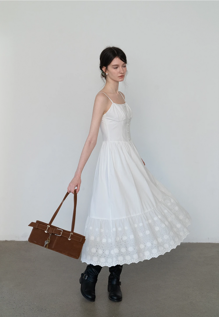 Elegant White French Lace Spliced Holiday Dress