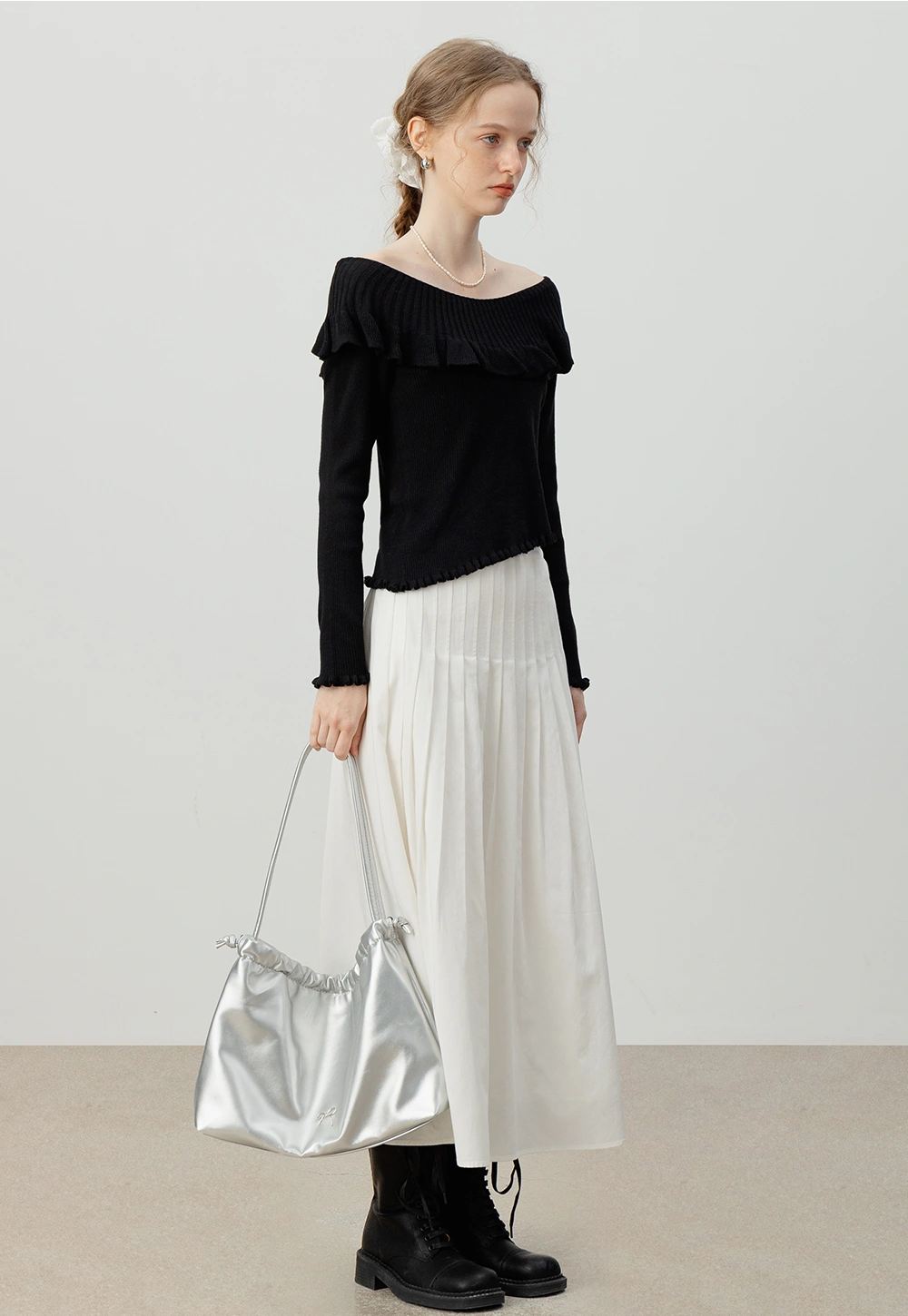 White Pleated A-Line Midi Skirt