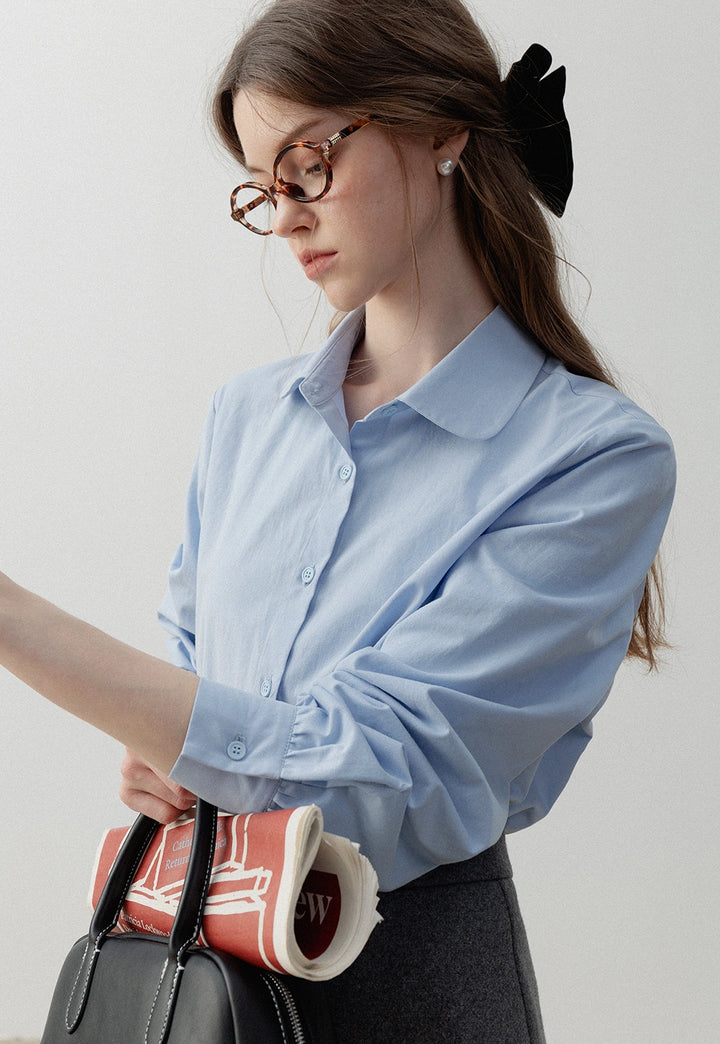 Women's Blue Long-Sleeve Button-Up Shirt with Peter Pan Collar