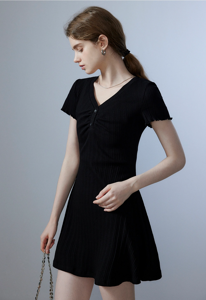 Women's Short-Sleeve Ribbed Dress with Button Detail