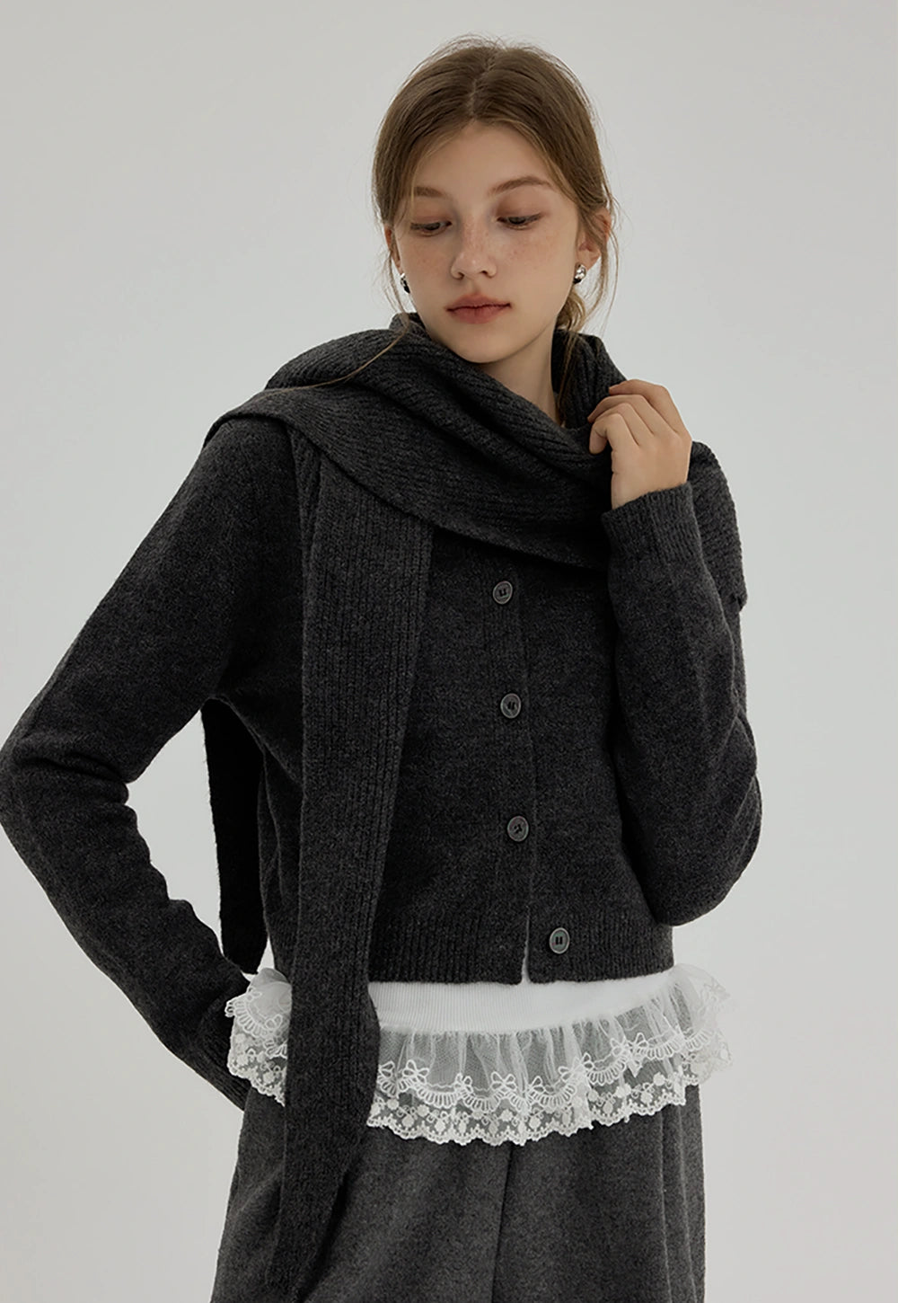 Women's Crew Neck Knit Cardigan with Scarf