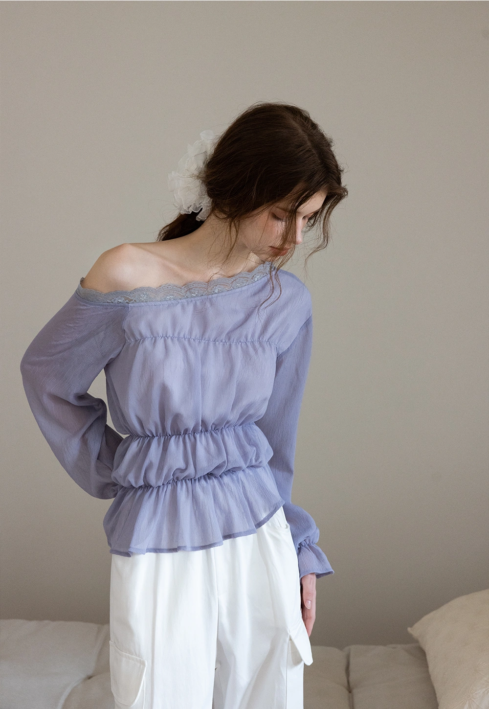 Off-Shoulder Ruffled Blouse with Lace Detail