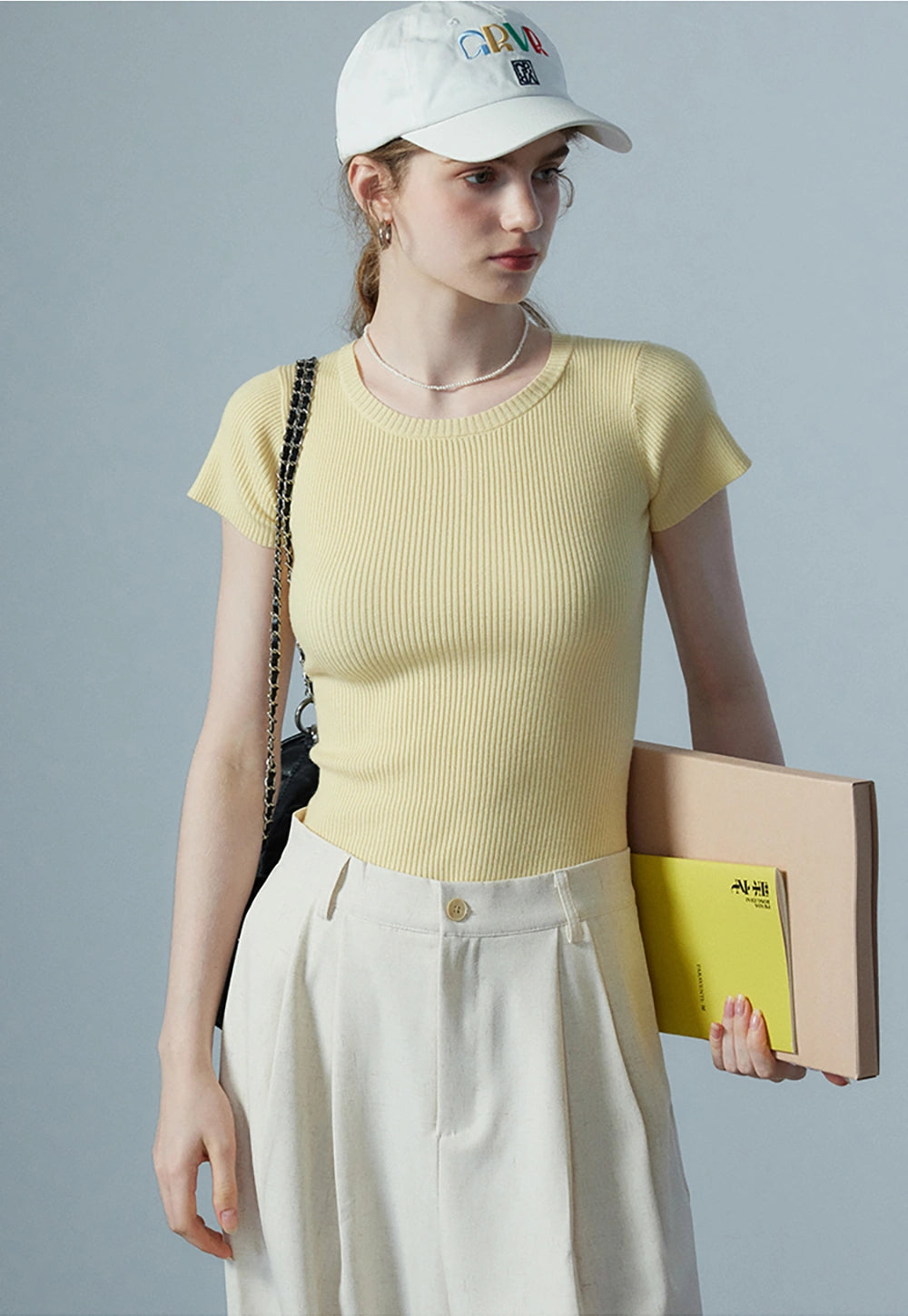 Women's Light Yellow Ribbed Knit T-Shirt