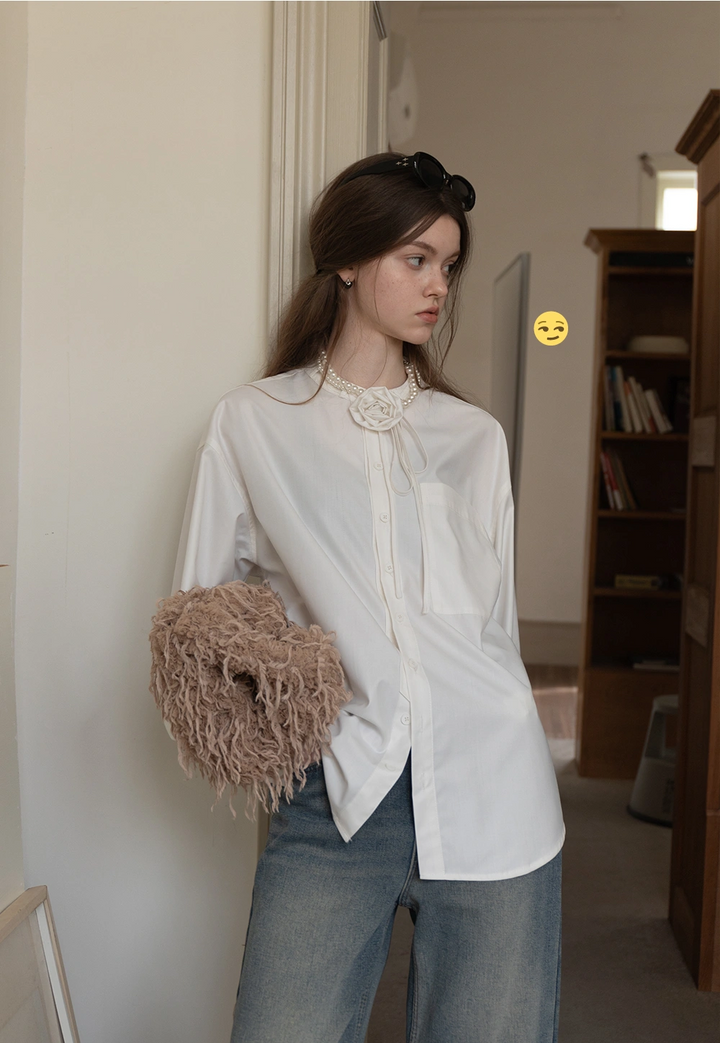 Women's White Long-Sleeve Button-Up Shirt