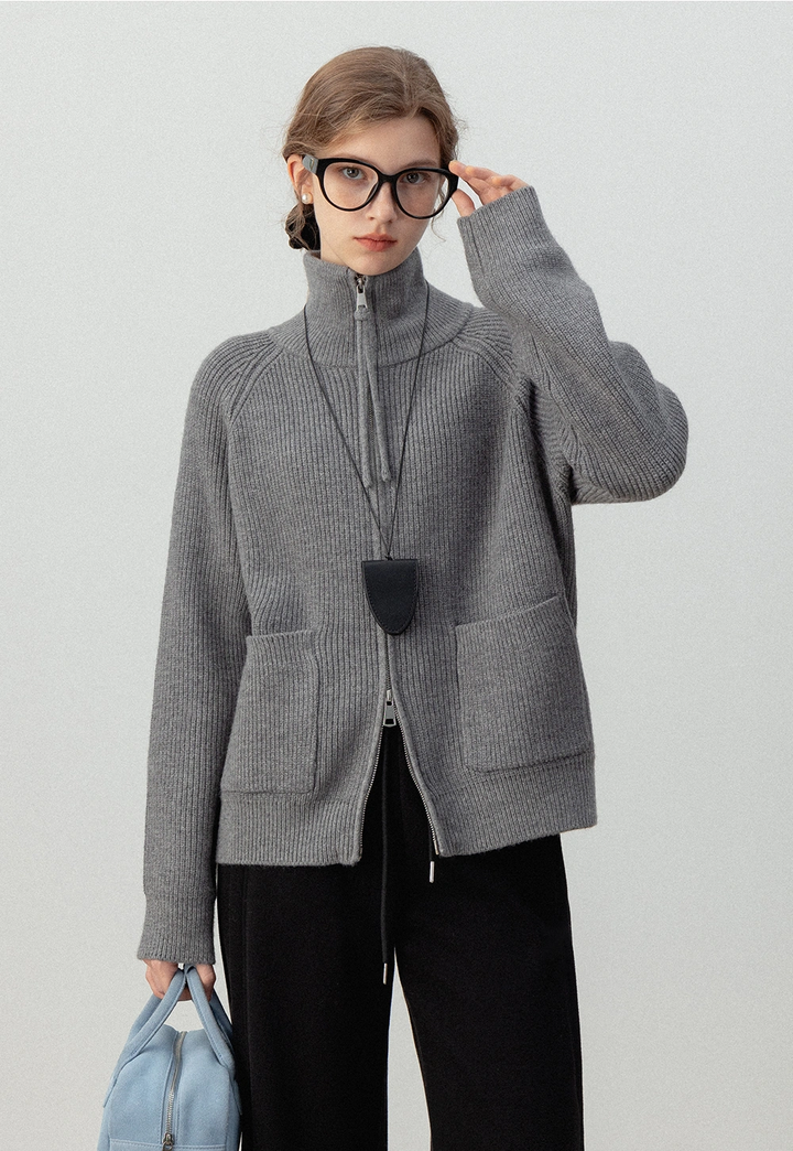 Zip-Up Knit High-Neck Cardigan