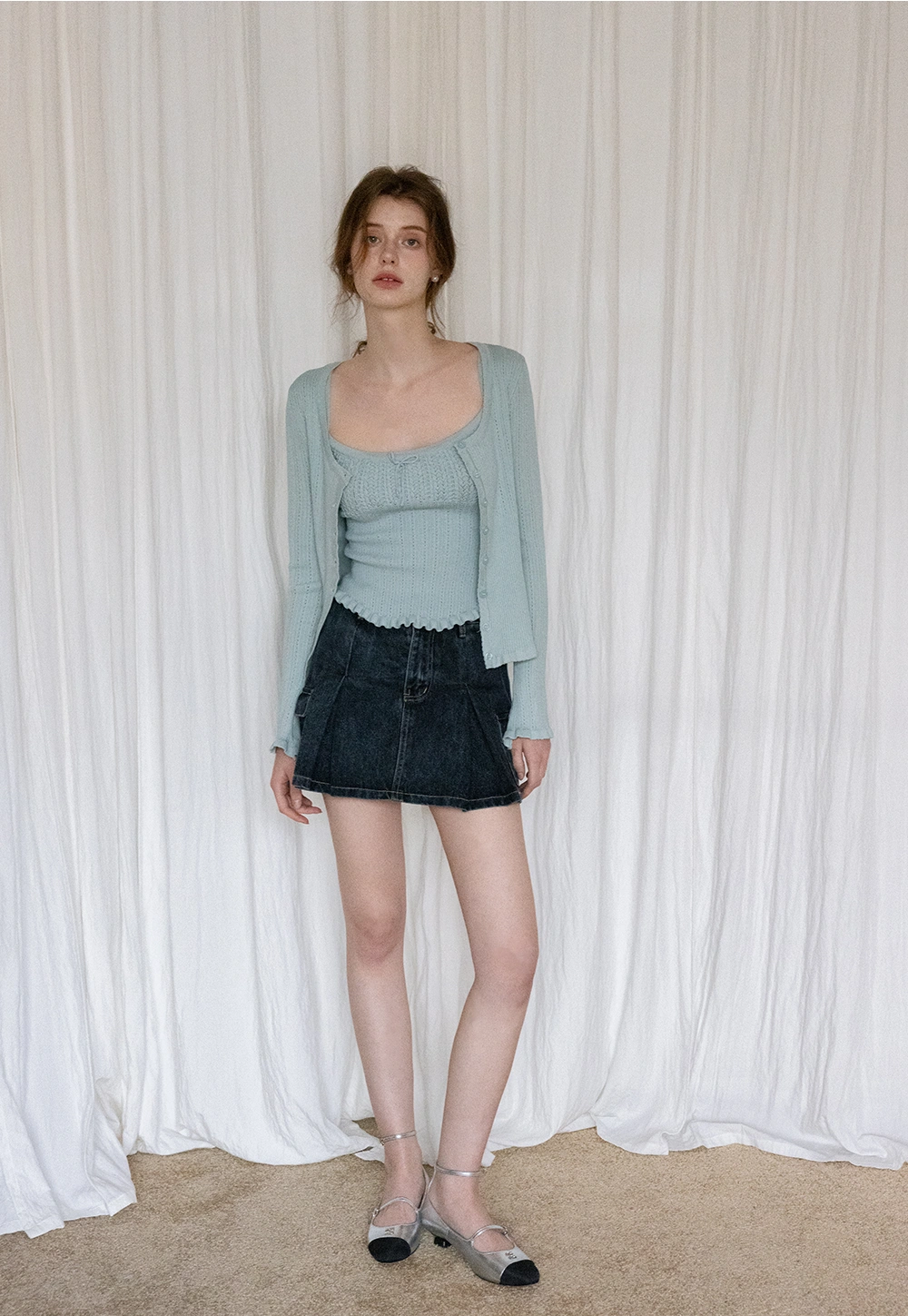 Denim Pleated Skirt with Cargo Pockets