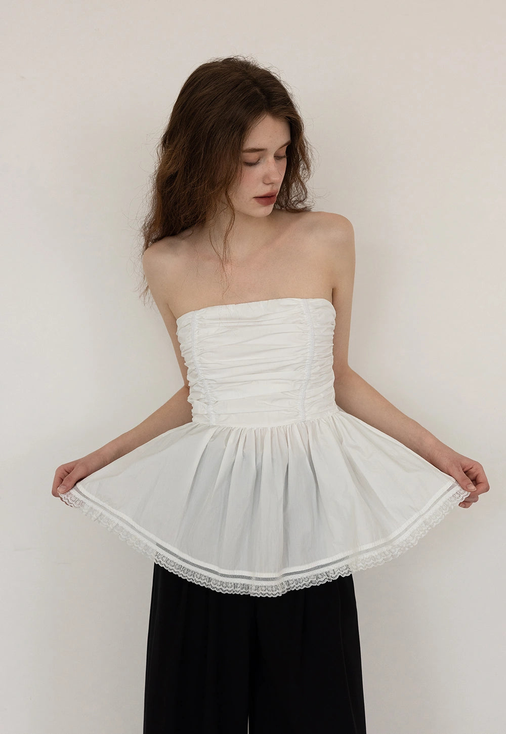 Lace Trim Pleated Hem Bustier Top