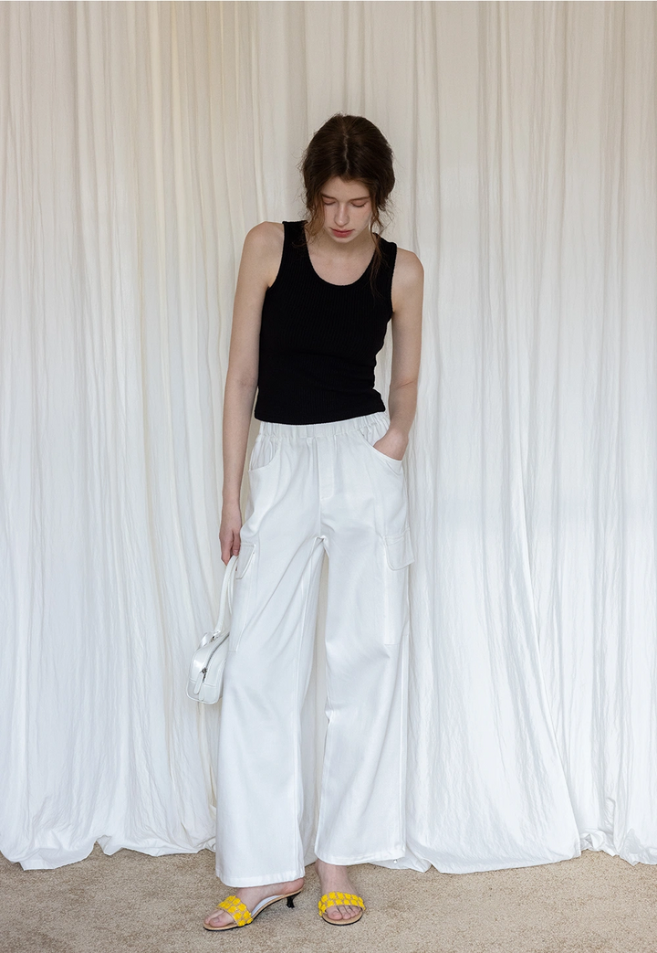 Wide-Leg Cargo Pants with Elastic Waist