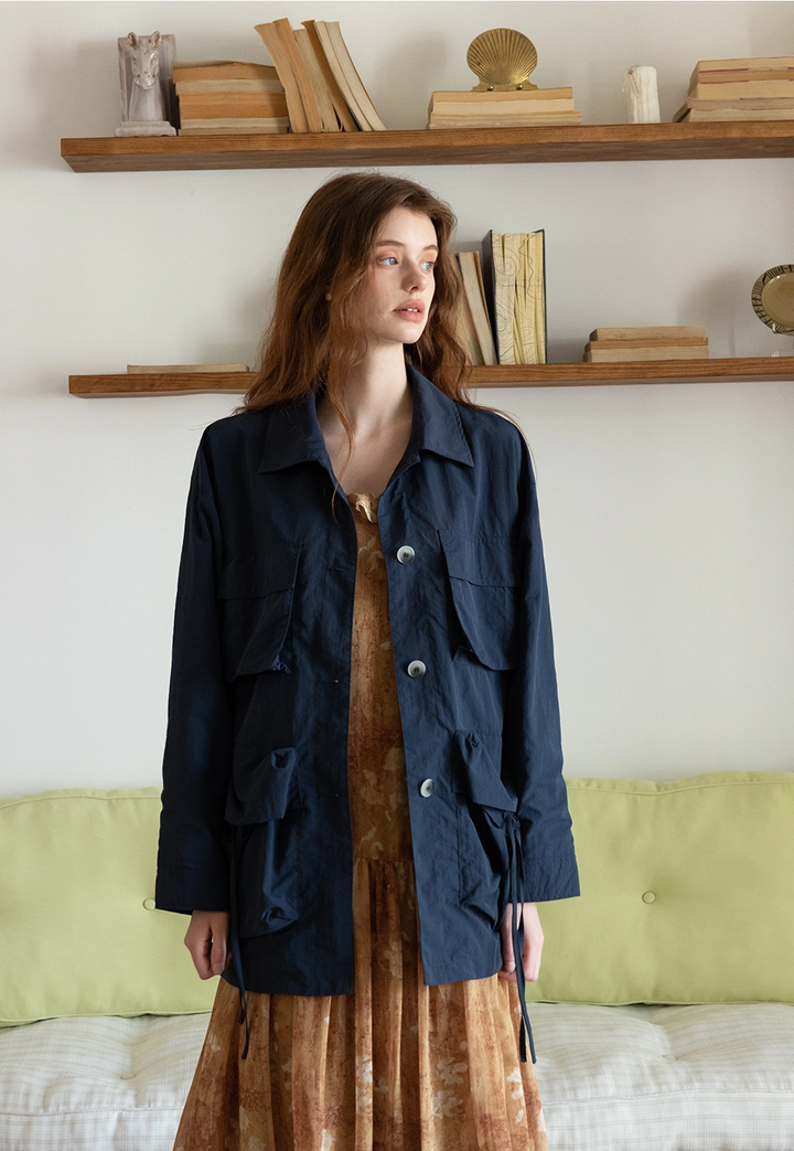 Utility-Inspired Navy Jacket with Drawstring Pockets