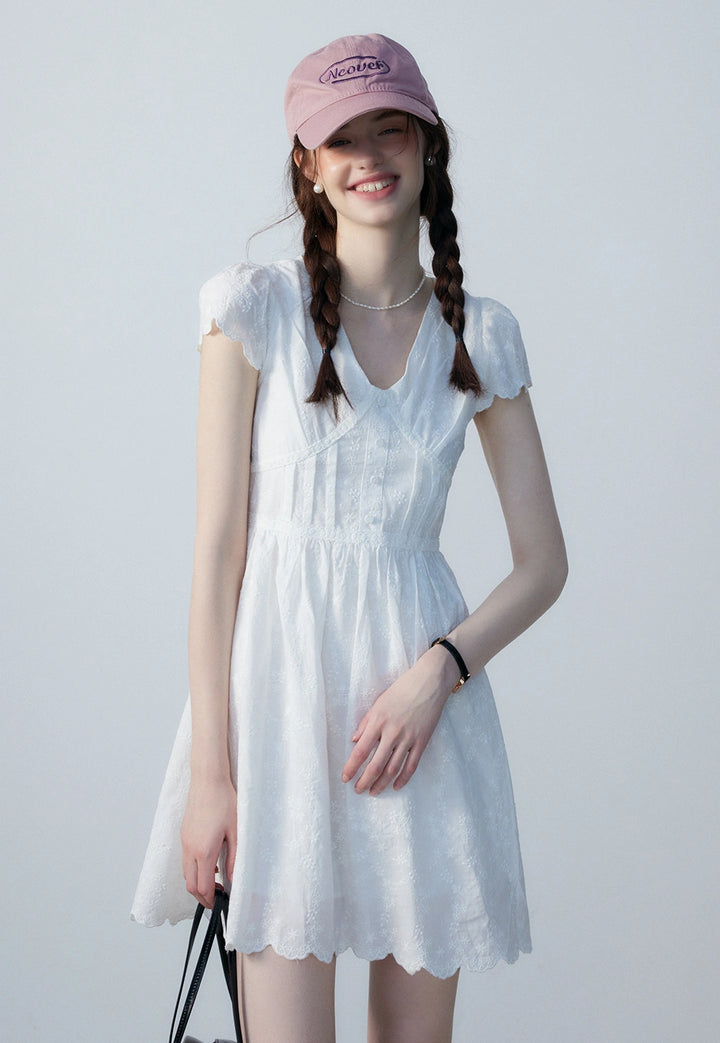 Women's Short Sleeve V-Neck Button Front Dress with Lace Detail