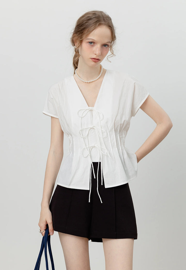 Women's White Bow-Tie Front Blouse